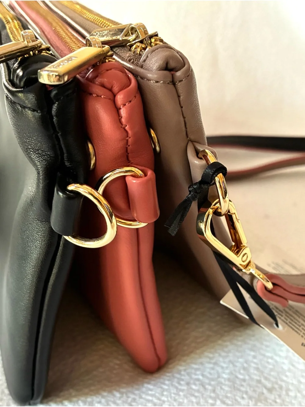 Three-Piece Vegan Leather Crossbody Set in Black, Coral & Taupe NWT